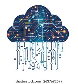 Digital cloud computing technology conceptual illustration with circuit board lines and data transmission