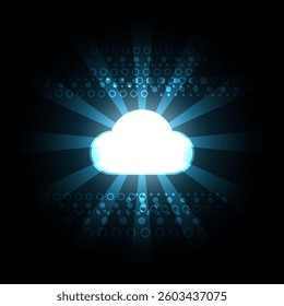 Digital Cloud An illustrative depiction of a radiant cloud emanating beams of light against a dark backdrop, symbolizing the expanse of digital connectivity. 