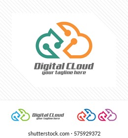 Digital cloud logo design vector. Cloud icon with technology symbol .
