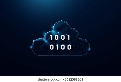 Nube digital hecha de polígonos brillantes y código binario sobre fondo oscuro, que representa el concepto de computación en la nube
