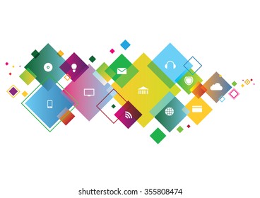 Digital cloud with media icons and square panels