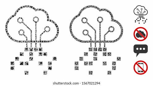 Digital cloud mosaic of joggly parts in different sizes and color tones, based on digital cloud icon. Vector rugged parts are composed into mosaic. Digital cloud icons collage with dotted pattern.