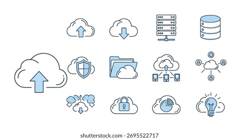 Digital cloud services icons upload, download, storage, security, network, and ideas