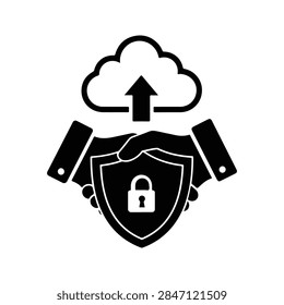 Digital cloud with upload arrow and secure lock symbol representing cloud security and data protection technology.