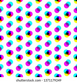 Digital cmyk colors pattern. Transparent effect cmyk geometrical round elements. Seamless print white background for design, textile, web, advertising banner, fabric