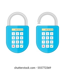 Digital code lock with keypad. Device entering security system code. Data protection, security concept. Electronic Combination Lock icon set. Vector illustration in flat style.