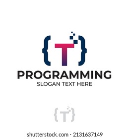 Digital code logo with letter T design, coding illustration with pixel illustration design concepts