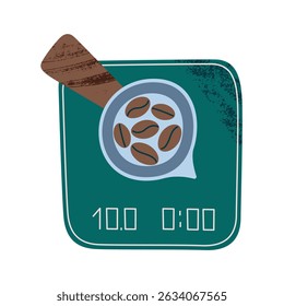 Digital coffee scale with scoop or deep spoon filled with coffee beans. Coffee brewing and measurement. Flat cartoon icon, vector illustration. Great for coffee guides, infographics, and branding