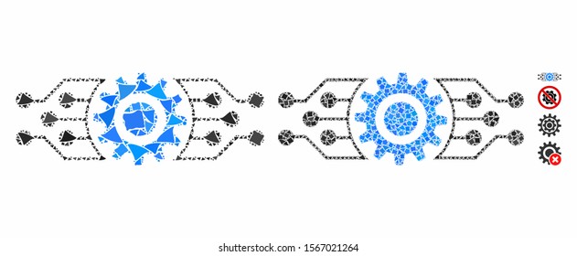 Digital cog mosaic of inequal items in various sizes and color tones, based on digital cog icon. Vector rough dots are grouped into collage. Digital cog icons collage with dotted pattern.