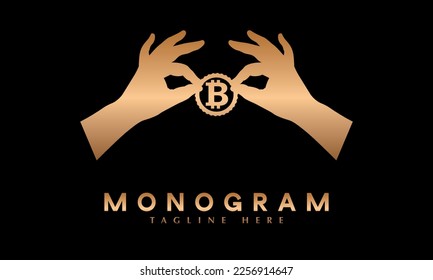 Digital coin Bitcoin in hand abstract monogram vector logo template