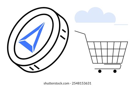 Moneda digital con símbolo triangular azul y un Carrito de compras de estructura metálica con fondo de nube. Ideal para compras en línea, comercio electrónico, criptomonedas, transacciones digitales, fintech. Limpiar arte lineal