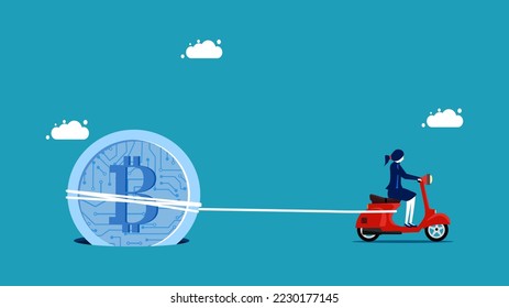  Digital Coin Crisis. Businesswoman pulling digital coin out of hole