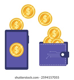 Digital coins falling into wallet