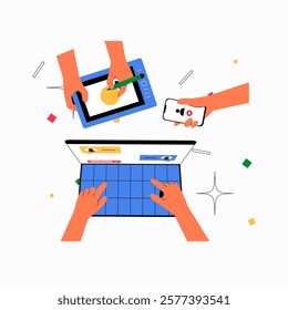 Digital Collaboration On Multiple Devices In Flat Vector Illustration Symbolizing Teamwork, Online Productivity, And Multi Tasking, Isolated On White Background