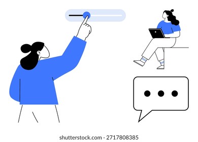 Digital collaboration, online communication, teamwork, remote work, tech interaction, user engagement. A person adjusting a slider, another using a laptop and a speech bubble. Digital collaboration