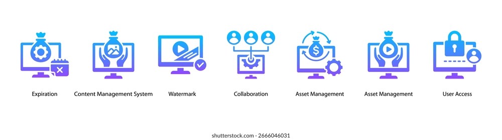 Digital Collaboration web banner vector illustration featuring Expiration, Content Management System, Watermark, Collaboration, Asset Management, Asset Management, and User Access.