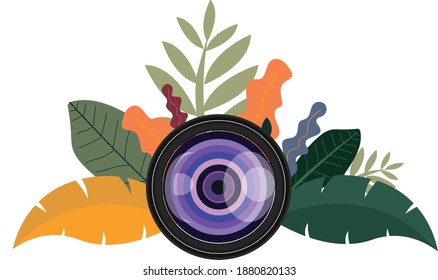 
Digital collage design with camera lens illustration with leaves that give color