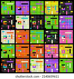 Digital collage graphics pattern made with vector abstract forms and generative geometric shapes, useful for web background, poster art design, magazine front page, hi-tech print, cover artwork.