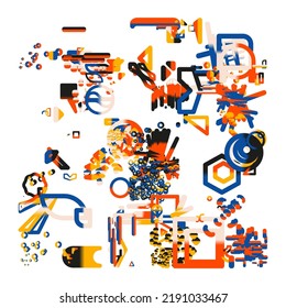 Digital collage graphics pattern made with vector abstract forms and generative geometric shapes, useful for web background, poster art design, magazine front page, hi-tech print, cover artwork.