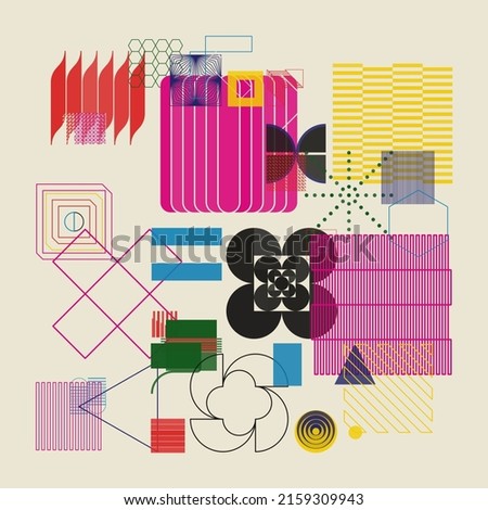 Digital collage graphics pattern made with vector abstract forms and generative geometric shapes, useful for web background, poster art design, magazine front page, hi-tech print, cover artwork.