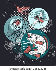 Digital collage with hand drawn birds, fish and a fly