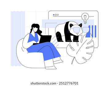 Digital collage isolated cartoon vector illustrations. Young girl with computer create digital collage, looking at the screen, modern creative hobby, leisure time art activity vector cartoon.