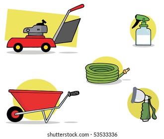 Digital Collage Of A Lawnmower, Wheel Barrow, Hose, Spray Bottle And Nozzle