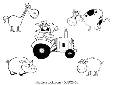Digital Collage Of An Outlined Farmer On A Tractor, With A Horse, Cow, Pig And Sheep
