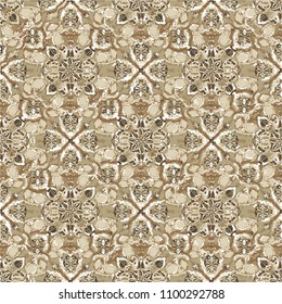 Digital collage technique exotic ornate seamless pattern design in brown tones