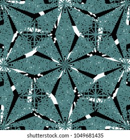 Digital collage technique modern oriental ornate seamless mosaic pattern design in green and black and white colors