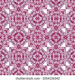Digital collage technique square and diamonds ornate seamless pattern design in pink and cyan tones against white