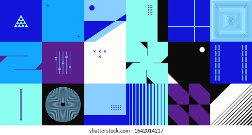 Digital collage of vector abstract technological elements made with bright colored geometric shapes, useful for web background, poster art design, magazine front page, hi-tech print, cover artwork.