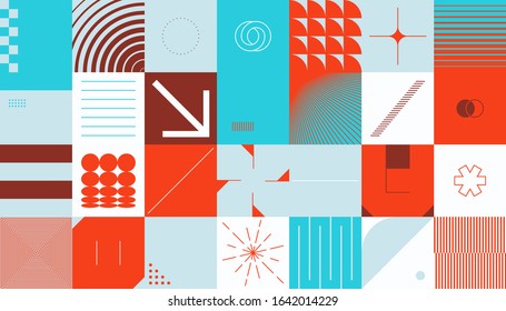 Digital collage of vector abstract technological elements made with bright colored geometric shapes, useful for web background, poster art design, magazine front page, hi-tech print, cover artwork.