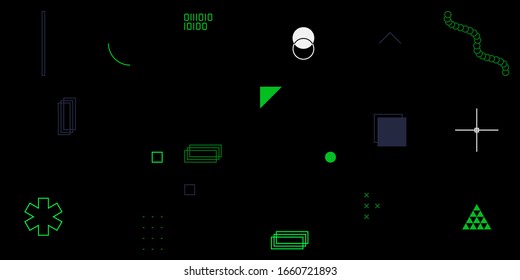 Digital collage of vector abstract technological elements made with bright colored geometric shapes, useful for web background, poster art design, magazine front page, hi-tech print, cover artwork.