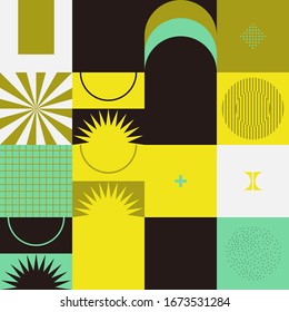 Digital collage of vector abstract technological elements made with bright colored geometric shapes, useful for web background, poster art design, magazine front page, hi-tech print, cover artwork.
