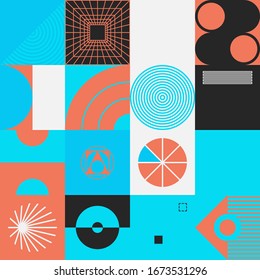 Collage digital de elementos tecnológicos abstractos vectoriales hechos con formas geométricas de colores vivos, útil para el fondo web, diseño de arte de afiches, portada de revista, impresión de alta tecnología, ilustraciones de portada.