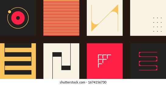 Digitale Kollektion abstrakter technologischer Elemente der Vektorillustration, die mit hellen, geometrischen Formen hergestellt werden und für Webhintergründe, Poster-Art-Design, Titelseiten, High-Tech-Druck, Cover-Kunstwerke nützlich sind.