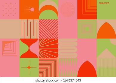 Digital collage of vector abstract technological elements made with bright colored geometric shapes, useful for web background, poster art design, magazine front page, hi-tech print, cover artwork.