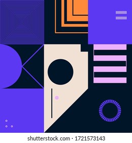 Digital collage of vector abstract technological elements made with bright colored geometric shapes, useful for web background, poster art design, magazine front page, hi-tech print, cover artwork.
