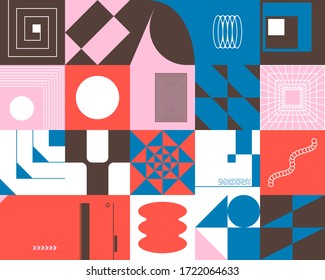 Digital collage of vector abstract technological elements made with bright colored geometric shapes 