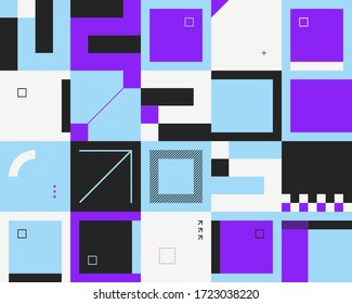 Digital collage of vector abstract technological elements made with bright colored geometric shapes, useful for web background, poster art design, magazine front page, hi-tech print, cover artwork.