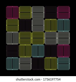 Digital collage of vector abstract technological elements made with bright colored geometric shapes, useful for web background, poster art design, magazine front page, hi-tech print, cover artwork.