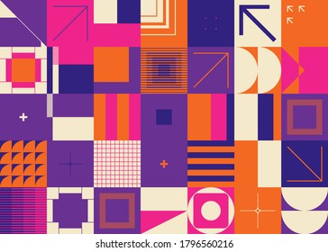 Digital collage of vector abstract technological elements made with bright colored geometric shapes, useful for web background, poster art design, magazine front page, hi-tech print, cover artwork.