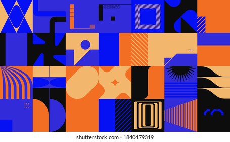 Digital collage of vector abstract technological elements made with bright colored geometric shapes, useful for web background, poster art design, magazine front page, hi-tech print, cover artwork.