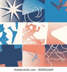 Digital collage vector artwork with abstract deconstructed shapes and cutout graphics elements, great for various backgrounds, poster art, textile design, decorative prints, invitation letters, etc.