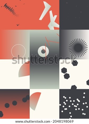 Digital collage vector artwork with abstract deconstructed shapes and cutout graphics elements, great for various backgrounds, poster art, textile design, decorative prints, invitation letters, etc.