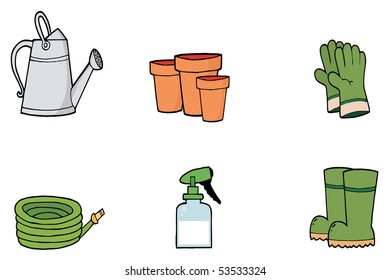 Digital Collage Of A Watering Can, Pots, Gloves, A Hose, Spray Bottle And Boots