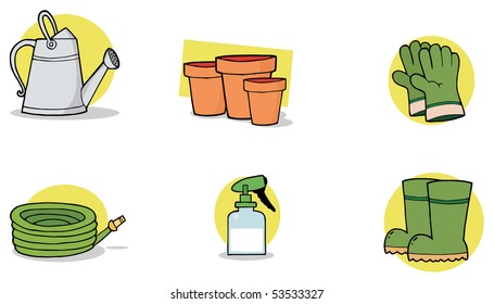 Digital Collage Of A Watering Can, Pots, Gloves, A Hose, Spray Bottle And Boots