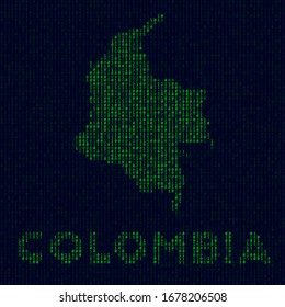 Digital Colombia logo. Country symbol in hacker style. Binary code map of Colombia with country name. Superb vector illustration.