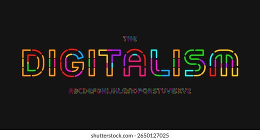 Alfabeto colorido digital, letras sans serif lineares vibrantes, fonte de quebra-cabeça futurista para o logotipo do jogo da zona das crianças, manchete cósmica brilhante, display de tecno robótico, tipografia lúdica, tipografia vetorial